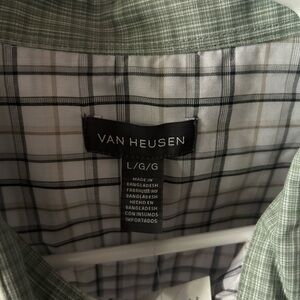Van Heusen Green and White Plaid Collared Shirt
